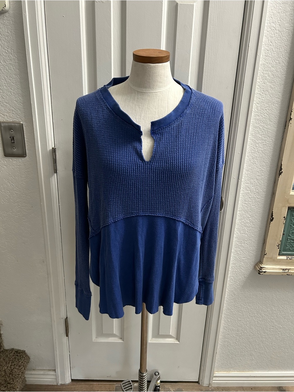 We The Free Indigo Blue Split-Neck Mixed-Knit Pullover